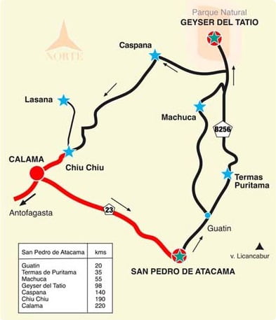 Mapa de viaje a geiser del tatio